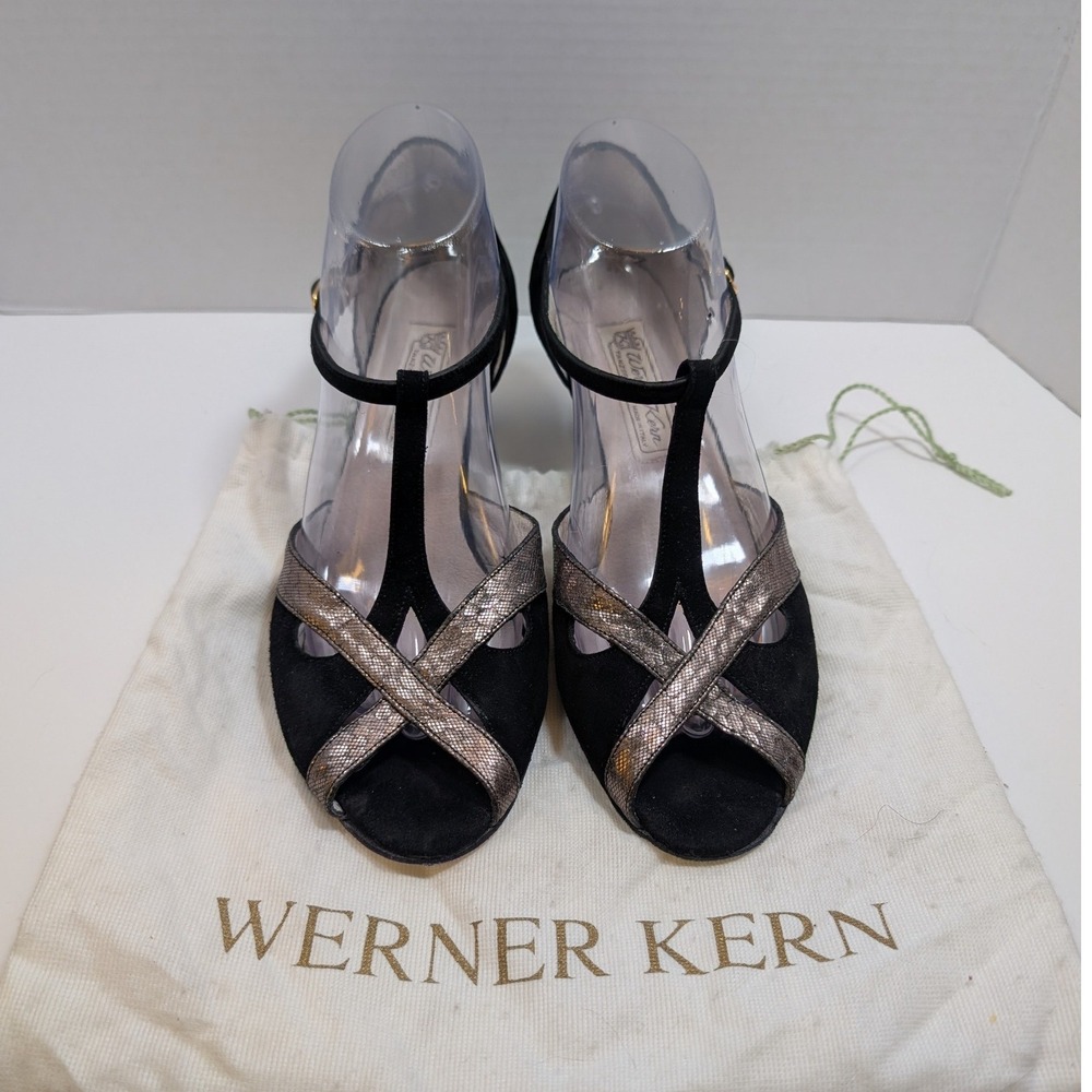 Werner Kern Ballroom Dance Shoes Black Suede Metallic T-Strap Womens 6.5UK 9US
